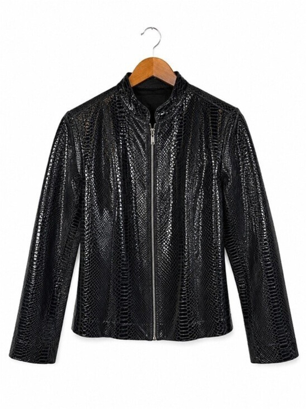 Chico's Black Embossed Snakeskin Patent Leather Zip Front Jacket Size 2 L